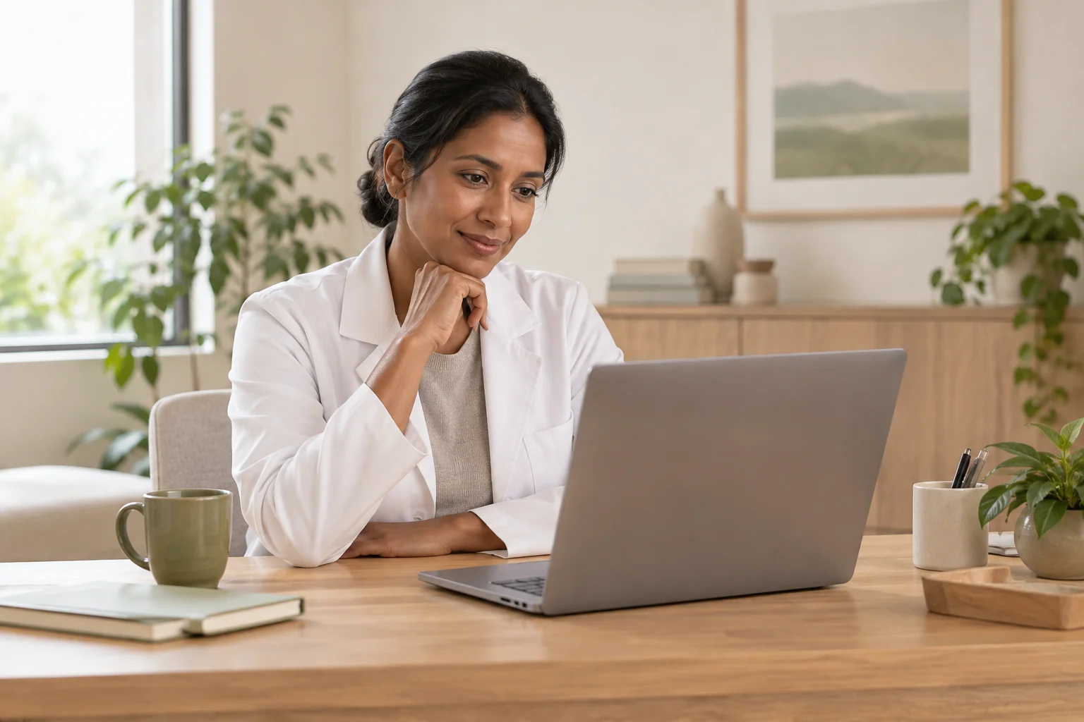 Illustrative clinician at a laptop in a calm consultation setting; not an actual team member