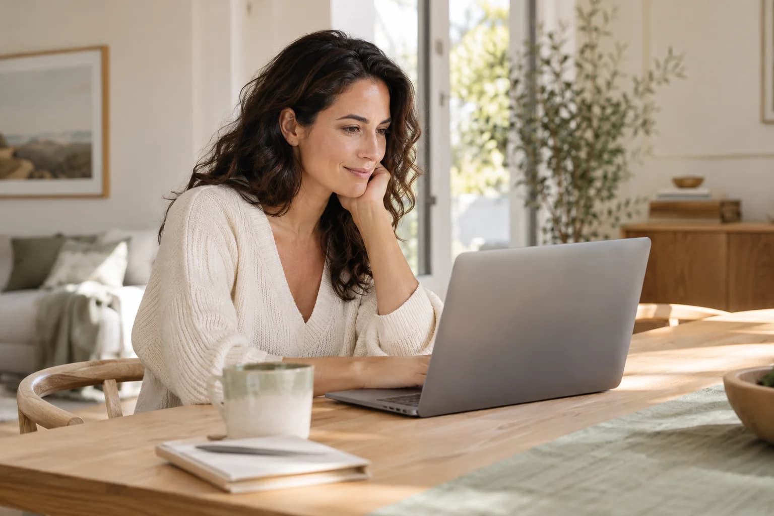 Illustrative scene of a woman connecting from home on her laptop