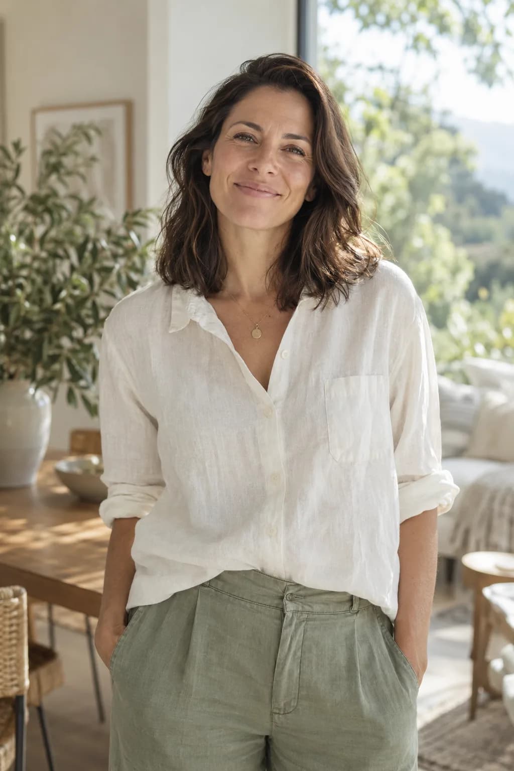 A woman enjoying a quiet, sunlit moment at home